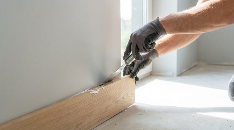 Mains gantées utilisant un outil pour retirer une plinthe en bois d'un mur gris, avec des morceaux de colle visibles.