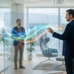 Un homme d'affaires interagissant avec une interface numérique holographique dans un bureau moderne et lumineux.