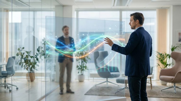 Elagy : l’automatisation de la distribution d’assurance Un homme d'affaires interagissant avec une interface numérique holographique dans un bureau moderne et lumineux.