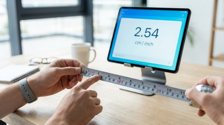 Comment convertir facilement vos pouces en centimètres Mains tenant un mètre ruban devant une tablette affichant 2,54 cm/inch pour illustrer la conversion des unités.