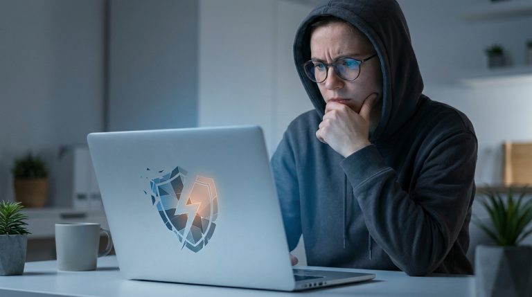 Electromust avis : l’arnaque de 2016 et les bilans en 2026 Une personne en sweat à capuche regarde son ordinateur affichant un bouclier lumineux, signe de cybersécurité.