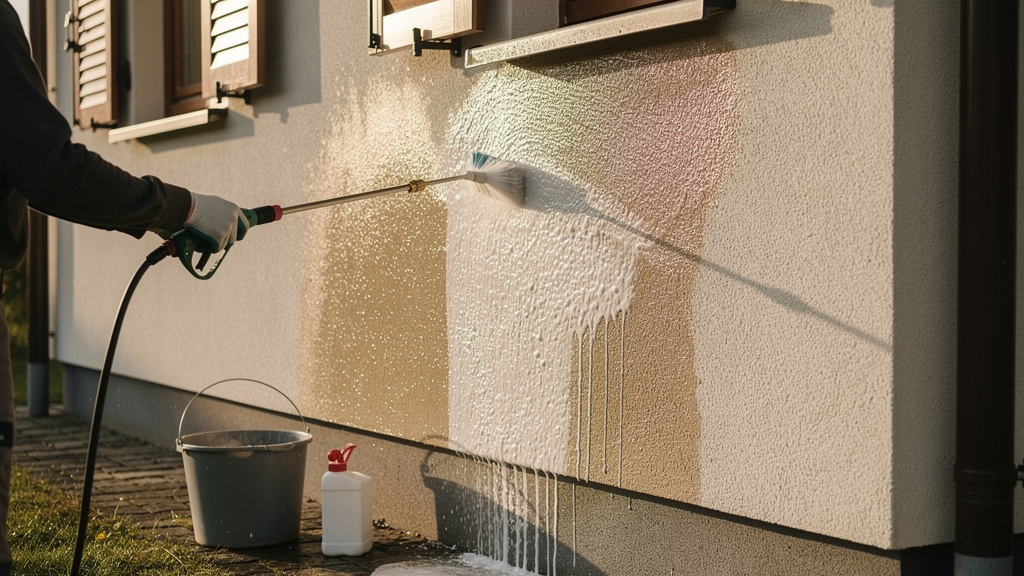 Application d'un produit nettoyant sur une façade de maison