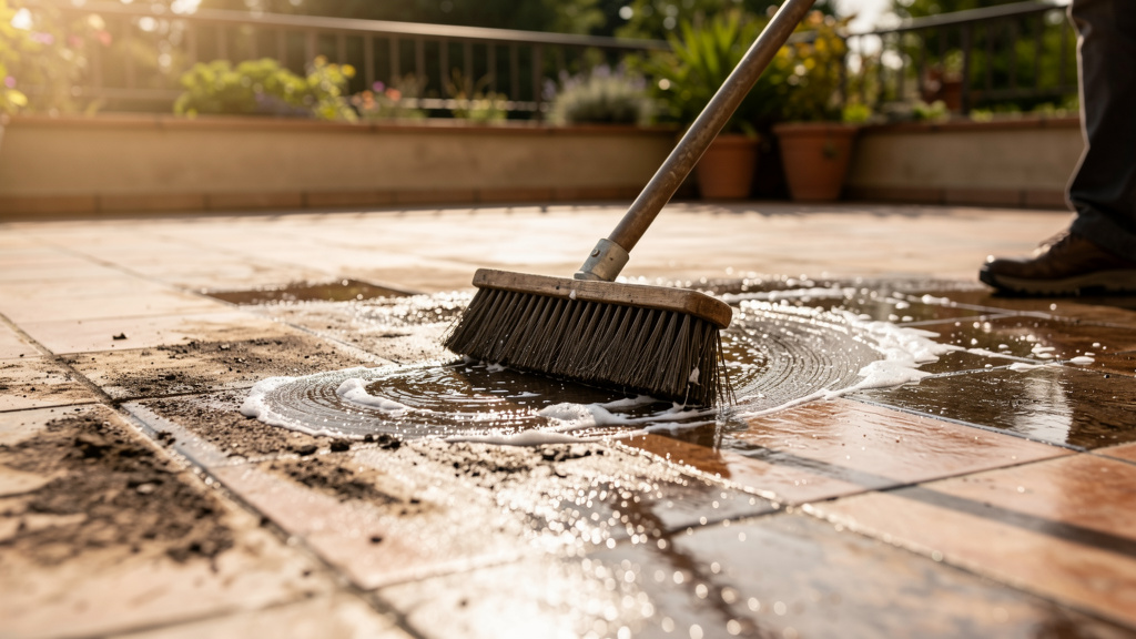 Nettoyage d'une terrasse encrassée avec un balai-brosse