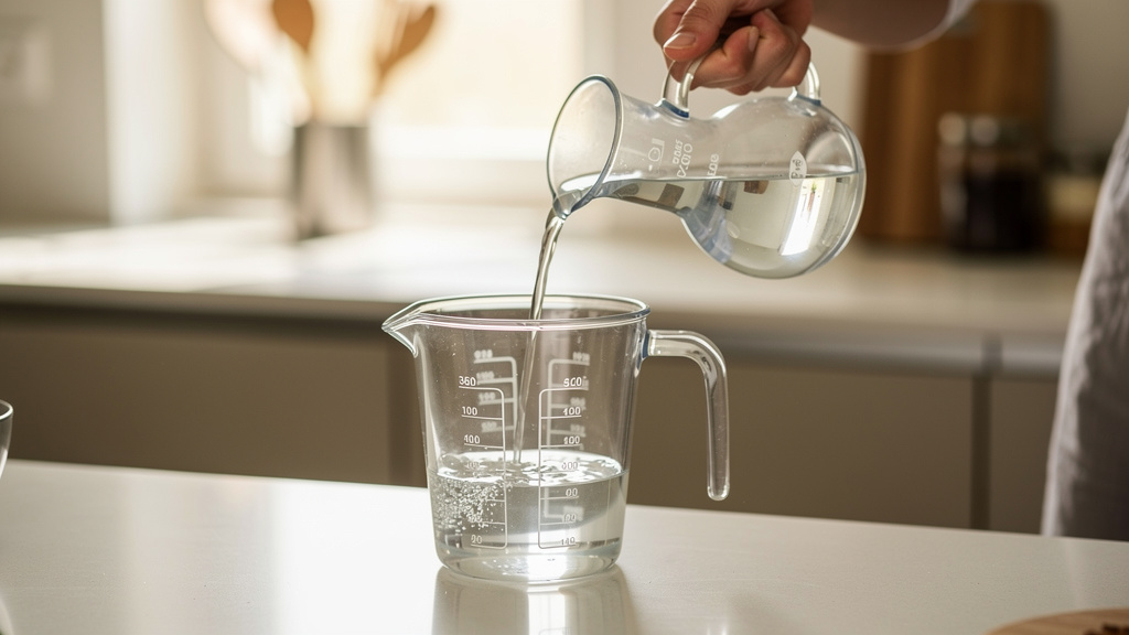 Personne versant un liquide dans un verre doseur en cuisine