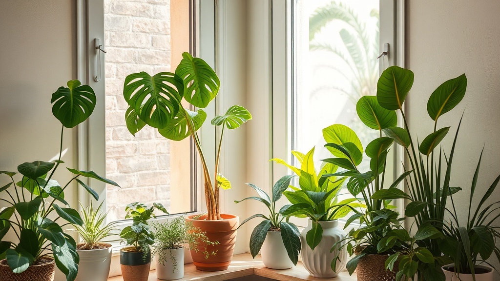 Plantes vertes d'intérieur disposées près d'une fenêtre ensoleillée