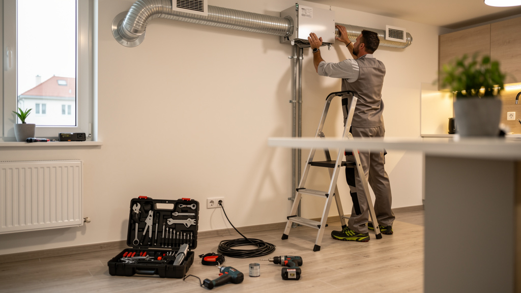 Technicien installant une VMC dans un appartement