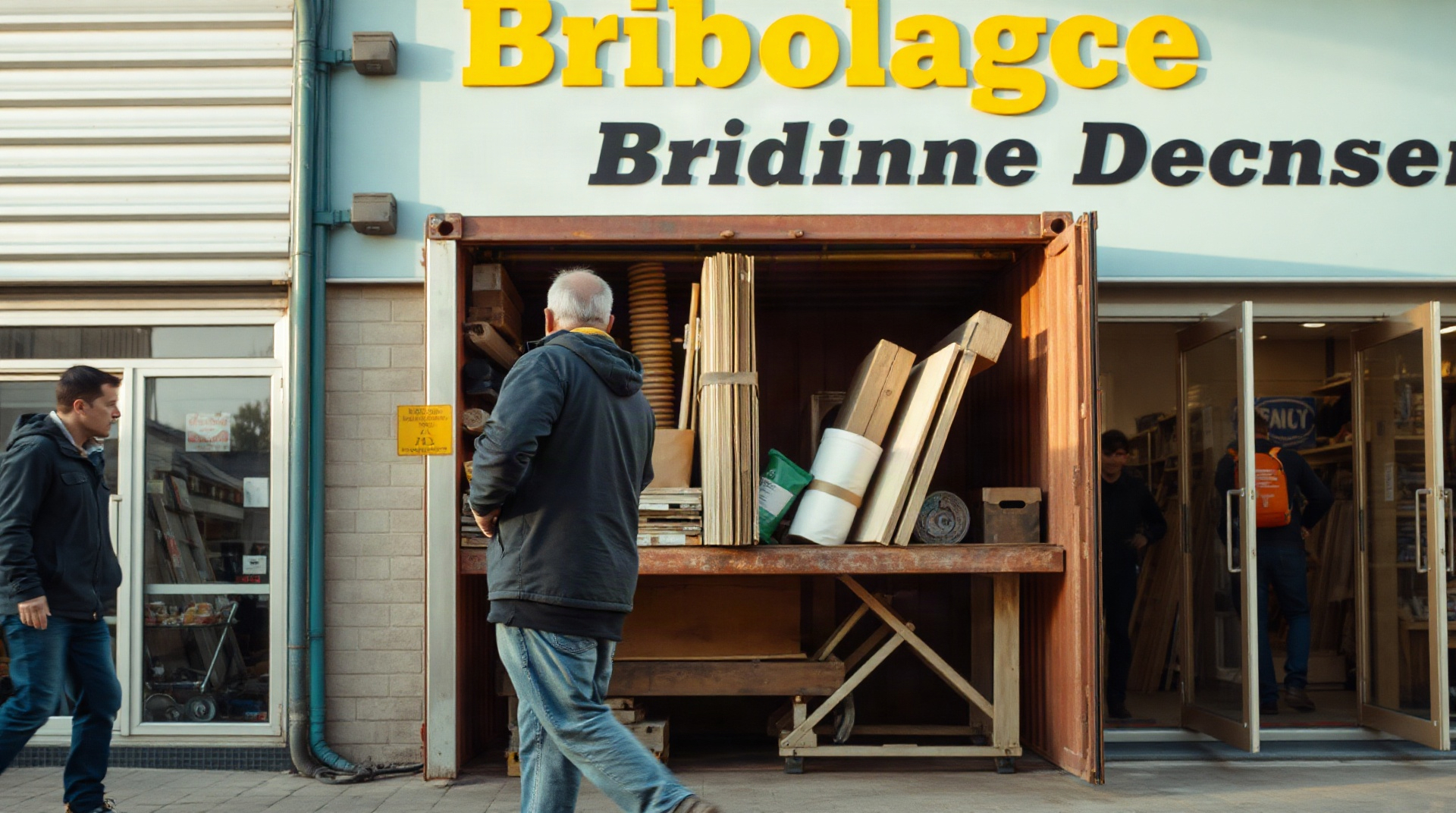 Client chargeant des matériaux dans un utilitaire devant un magasin de bricolage