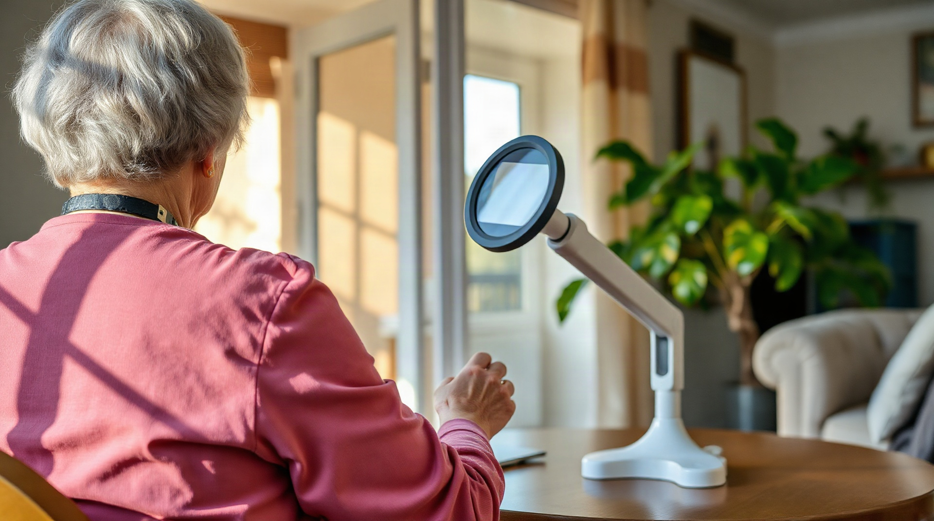 Personne malvoyante utilisant une loupe électronique à son bureau