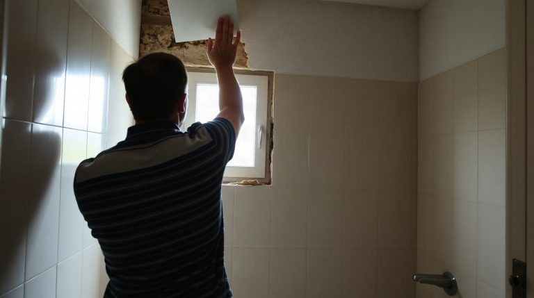 Carreleur posant du carrelage mural dans une salle de bain en renovation