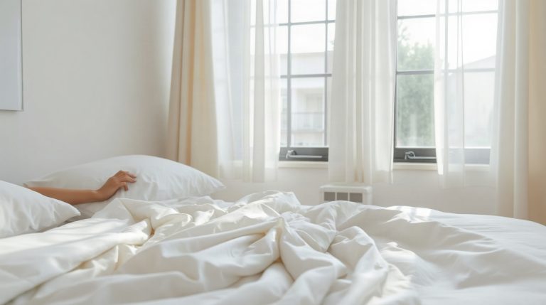 Lit double avec matelas epais et linge blanc dans une chambre lumineuse