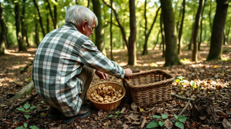 Cueilleur inspectant des cèpes dans une hêtraie