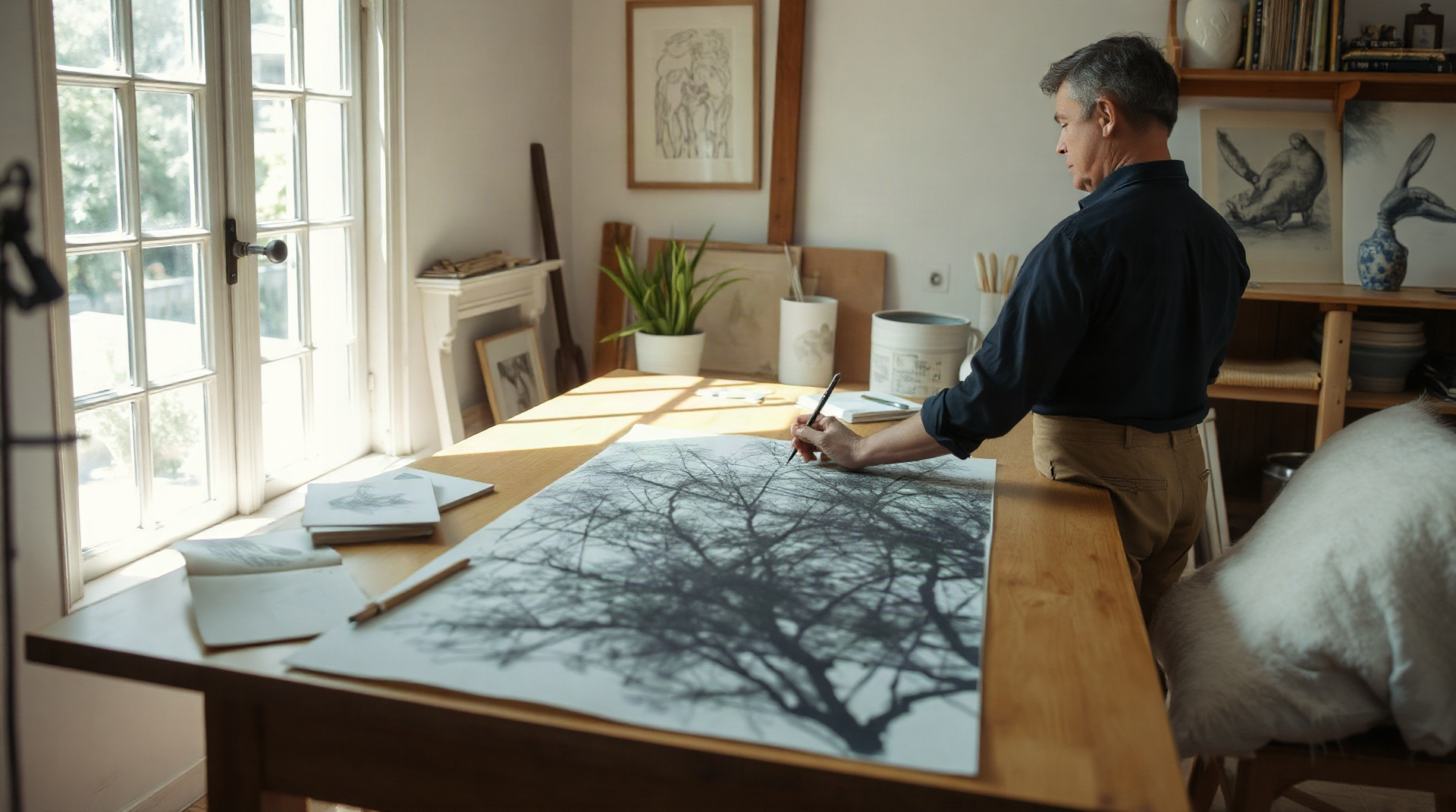 Dessin détaillé au fusain sur papier texturé