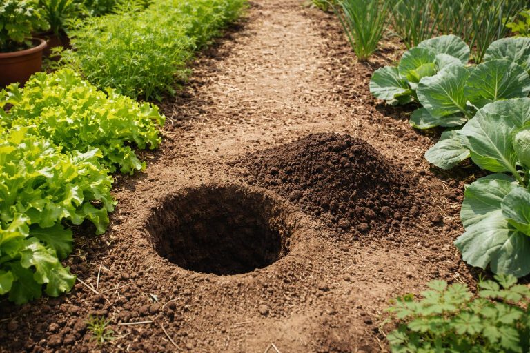 Trou de rat dans le jardin : comment l’identifier et agir efficacement Entrée d'un terrier de rat dans un jardin potager