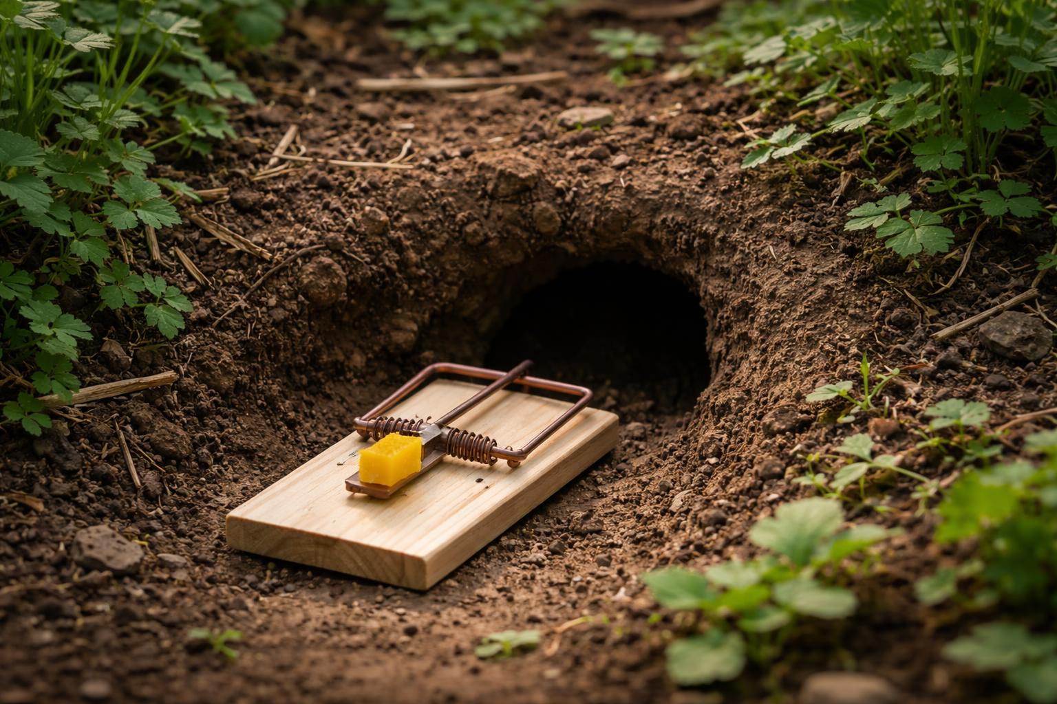 Jardinier posant un piège mécanique près d'un trou de rat