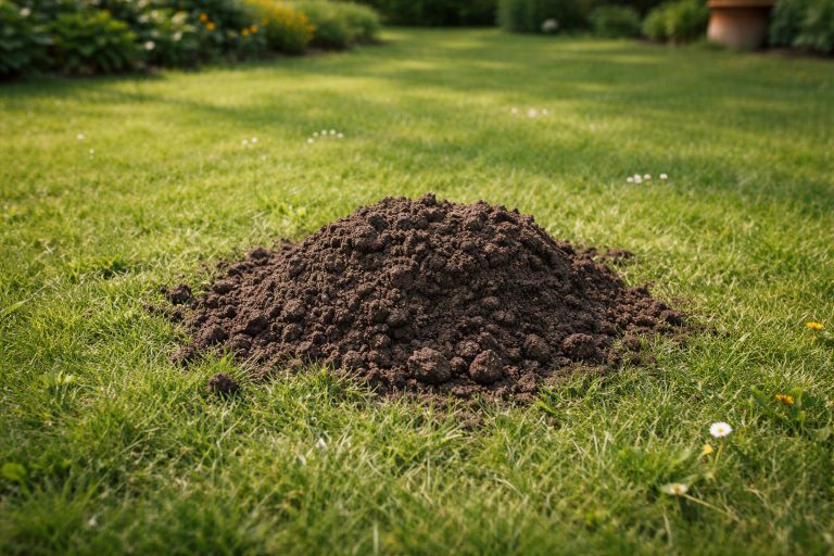 Taupinière fraîche sur une pelouse de jardin