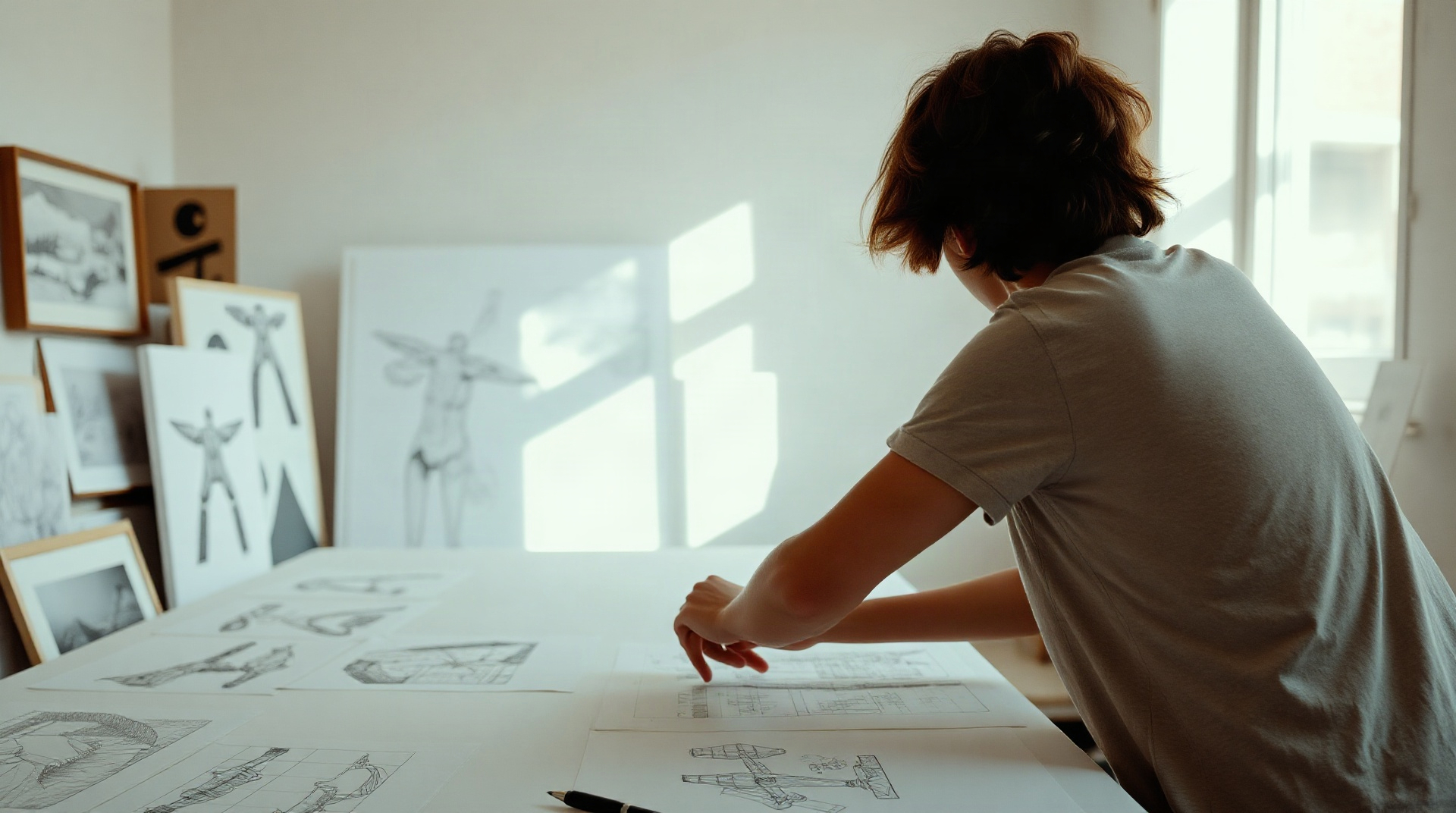 Étudiant en arts plastiques comparant plusieurs esquisses